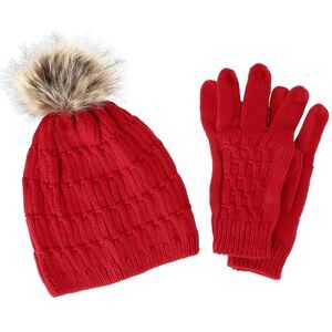 CTM Women's Knit Beanie Hat with Pom and Matching Gloves Set